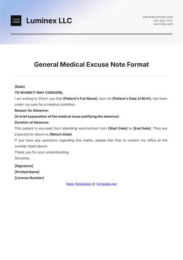 Free General Medical Excuse Note Format Template to Edit Online