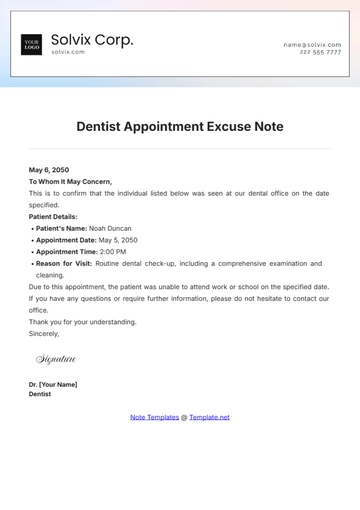 Free Dentist Appointment Excuse Note Template to Edit Online