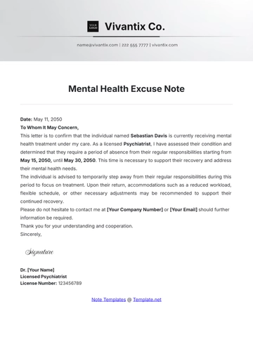 Free Mental Health Excuse Note Template to Edit Online