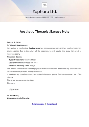 Free Aesthetic Therapist Excuse Note Template to Edit Online