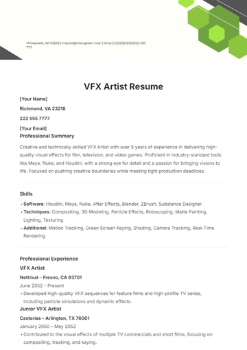 Free VFX Artist Resume Template to Edit Online