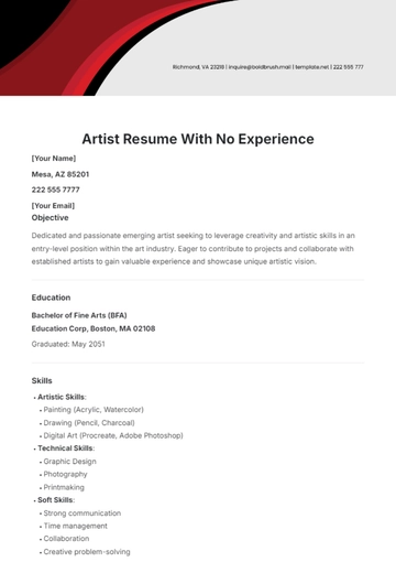 Free Artist Resume with No Experience Template to Edit Online