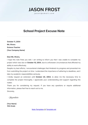 Free School Project Excuse Note Template to Edit Online