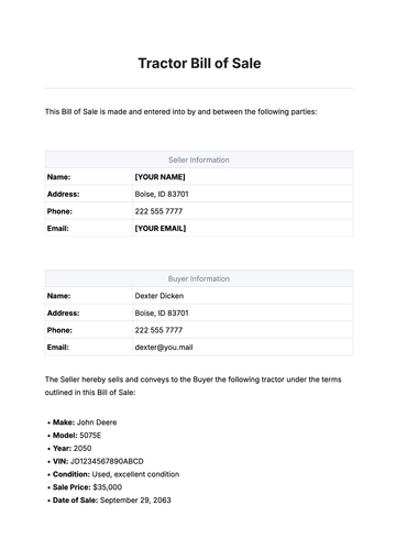 Free Tractor Bill of Sale Template to Edit Online