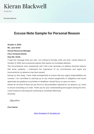 Free Excuse Note Sample for Personal Reason Template to Edit Online