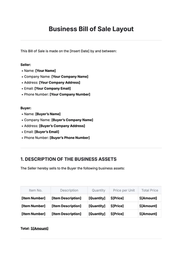 Free Business Bill of Sale Layout Template to Edit Online
