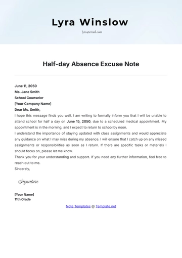 Free Half-day Absence Excuse Note Template to Edit Online