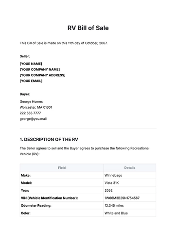 Free RV Bill of Sale Template to Edit Online