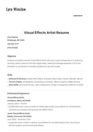 Free Visual Effects Artist Resume Template to Edit Online