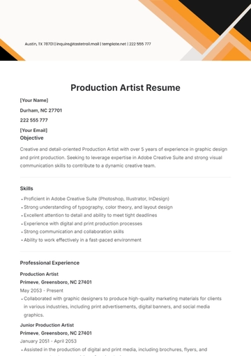 Free Production Artist Resume Template to Edit Online