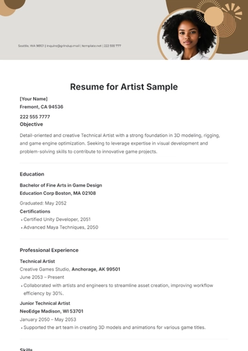 Free Resume for Artist Sample Template to Edit Online