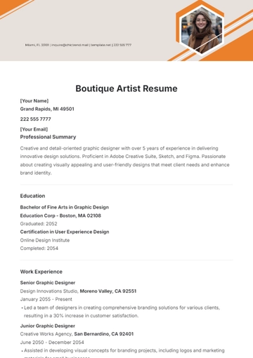 Free Boutique Artist Resume Template to Edit Online
