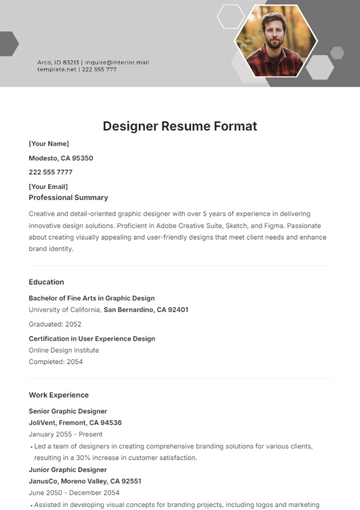 Free Designer Resume Format Template to Edit Online