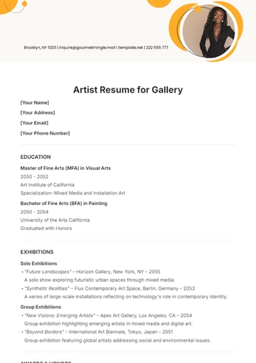 Free Artist Resume for Gallery Template to Edit Online