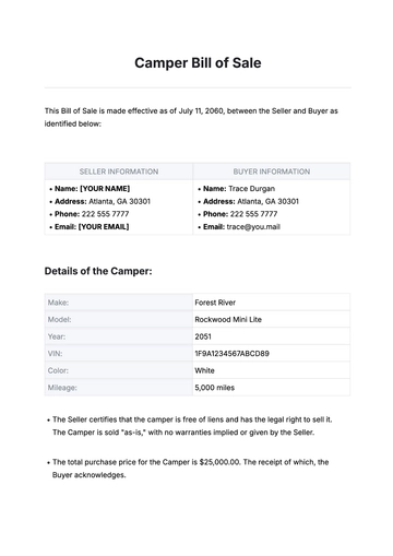 Free Camper Bill of Sale Template to Edit Online
