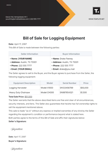 Free Bill of Sale for Logging Equipment Template to Edit Online