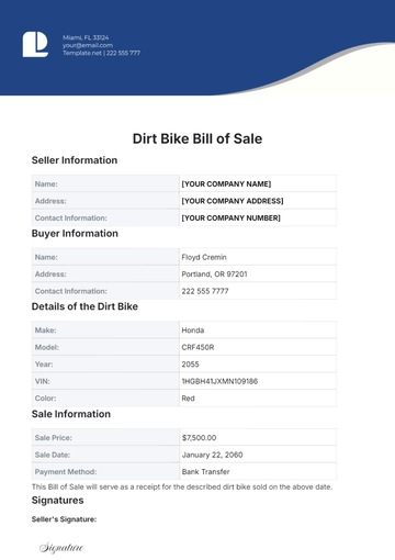 Free Dirt Bike Bill of Sale Template to Edit Online