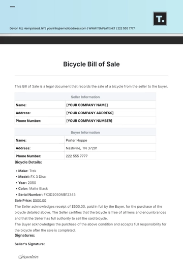 Free Bicycle Bill of Sale Template to Edit Online