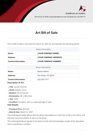 Free Art Bill of Sale Template to Edit Online