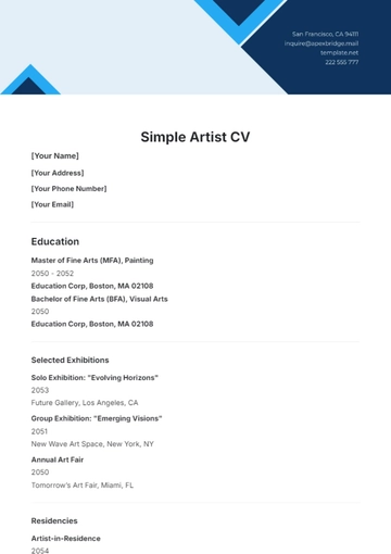 Free Simple Artist CV Template to Edit Online