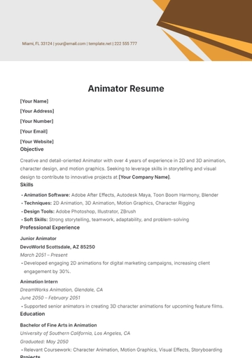 Free Animator Resume Template to Edit Online