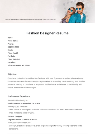 Free Fashion Designer Resume Template to Edit Online
