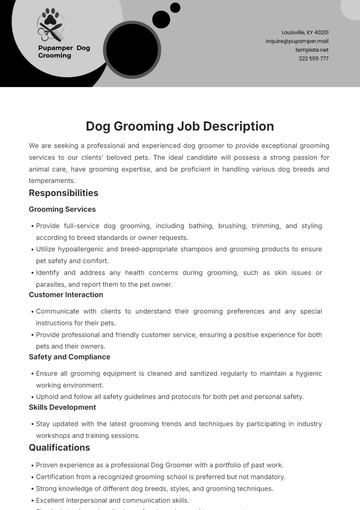 Free Dog Grooming Job Description Template to Edit Online