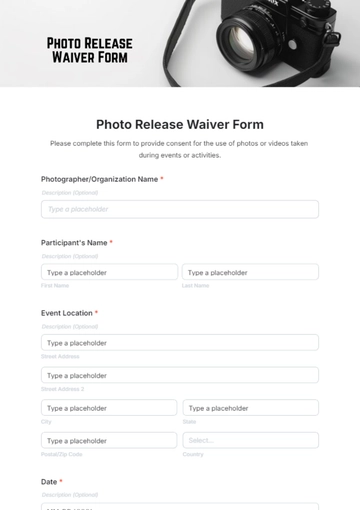 Free Photo Release Waiver Form Template to Edit Online