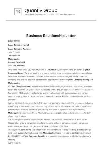 Free Business Relationship Letter Template to Edit Online