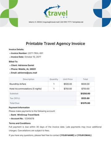 Free Printable Travel Agency Invoice Template to Edit Online