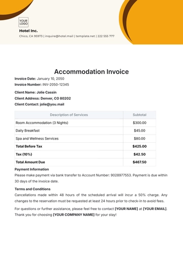 Free Accommodation Invoice Template to Edit Online