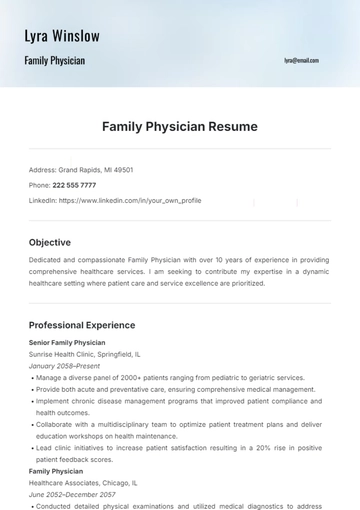 Free Family Physician Resume Template to Edit Online