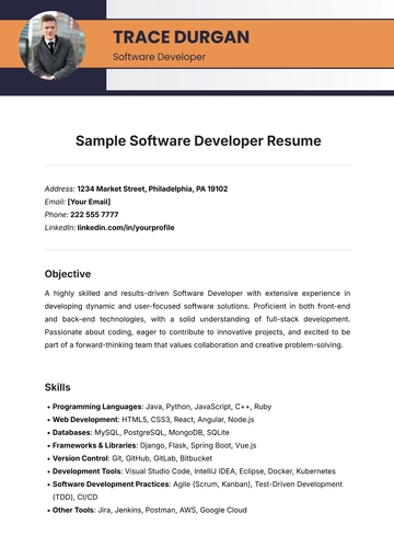 Free Sample Software Developer Resume Template to Edit Online