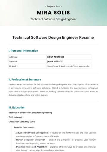 Free Technical Software Design Engineer Resume Template to Edit Online