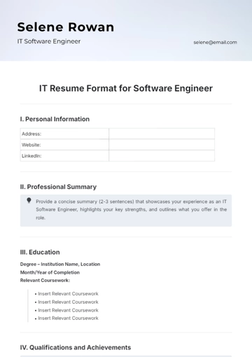 Free IT Resume Format for Software Engineer Template to Edit Online