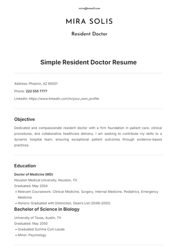 Free Simple Resident Doctor Resume Template to Edit Online