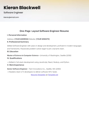 Free One-Page  Layout Software Engineer Resume Template to Edit Online