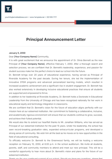 Free Principal Announcement Letter Template to Edit Online