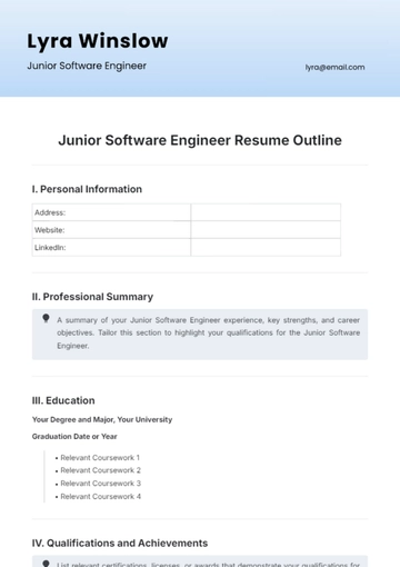 Free Junior Software Engineer Resume Outline Template to Edit Online