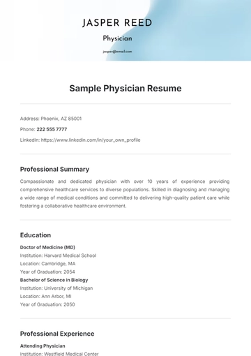 Free Sample Physician Resume Template to Edit Online