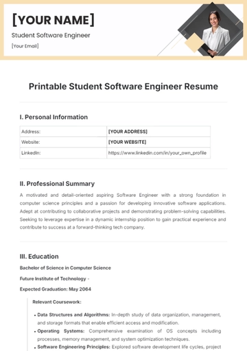 Free Printable Student Software Engineer Resume Template to Edit Online