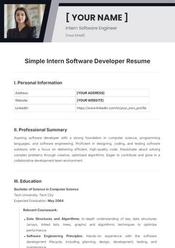 Free Simple Intern Software Developer Resume Template to Edit Online