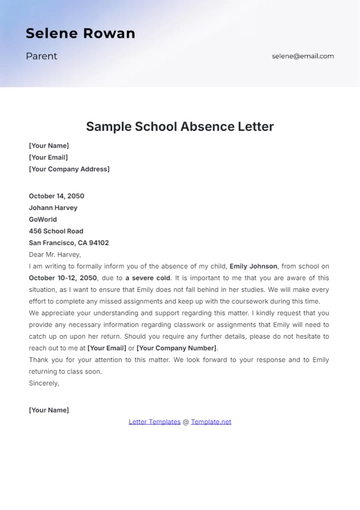Free Sample School Absence Letter Template to Edit Online