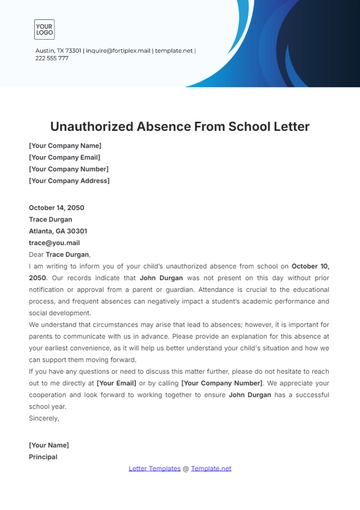 Free Unauthorized Absence from School Letter Template to Edit Online