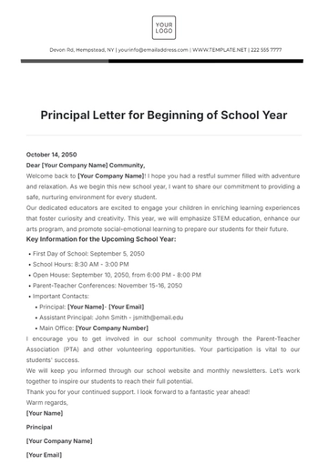 Free Principal Letter for Beginning of School Year Template to Edit Online
