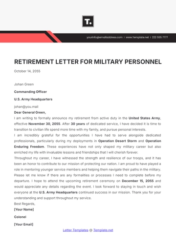 Free Retirement Letter for Military Personnel Template to Edit Online