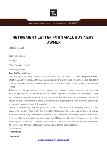 Free Retirement Letter for Small Business Owner Template to Edit Online