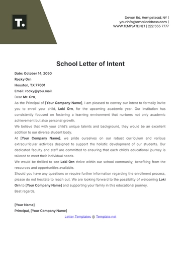Free School Letter of Intent Template to Edit Online