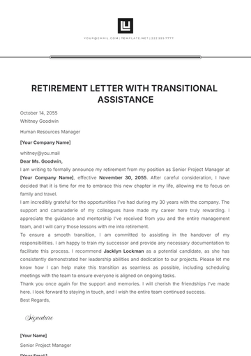 Free Retirement Letter with Transitional Assistance Template to Edit Online