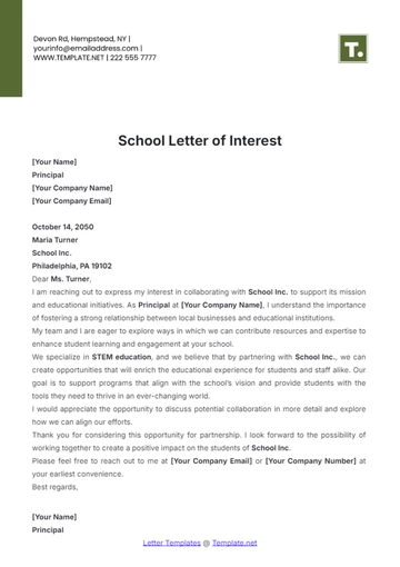 Free School Letter of Interest Template to Edit Online